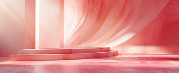 Soft pink shades and flowing forms create a dreamlike abstract setting with layered podiums, perfect for elegant product placement and branding.