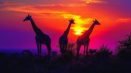 Fototapeta na wymiar Giraffes Silhouetted Against a Colorful Sunset: Graceful giraffes silhouetted against a vibrant, multicolored sunset on the African savannah.