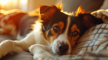 a sad dog lies with its head down