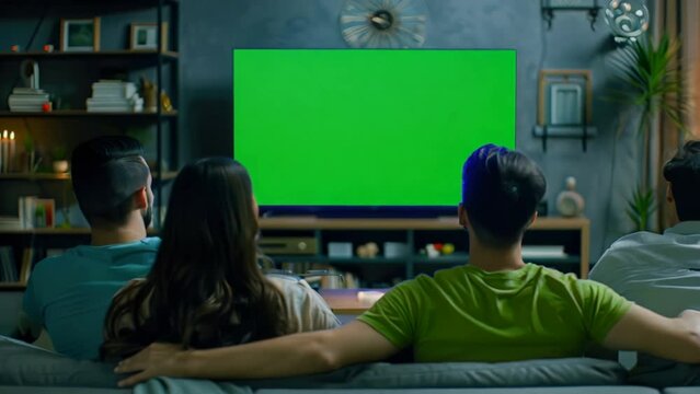 Friends watch tv with green screen mock up. Modern television with chroma key template. Empty mockup blank space. Cozy home interior. Guy enjoy movie back view. Online cinema concept. Evening leisure.