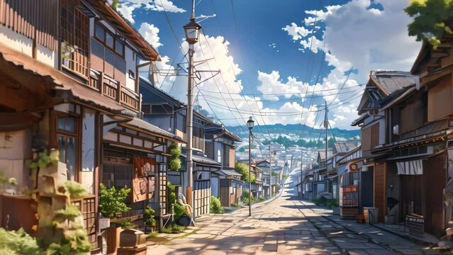 a very beautiful village and clouds. cartoon and anime style	
