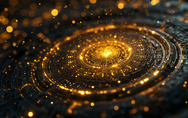 Golden spiral galaxy ripples with abstract blue liquid circles