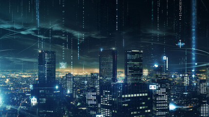 Background conceptual image with virtual interface against night glowing city.
