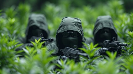 Soldiers in Camouflage in a Green Brush