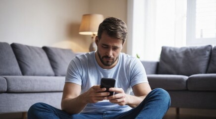 A sad upset young man checking mobile phone sitting on the floor in the room at home