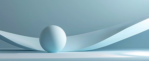 A serene composition with a single sphere resting on a curved, light blue platform, set against a soft gradient backdrop.