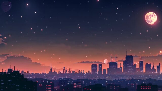 a moonlit city. cartoon and anime style	