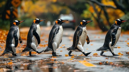 King Penguins Walking on a Leafy Path