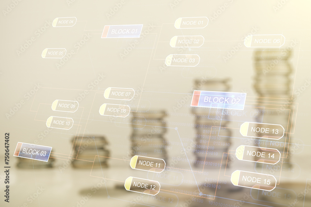 Poster multi exposure of abstract software development hologram on growing stacks of coins background, rese