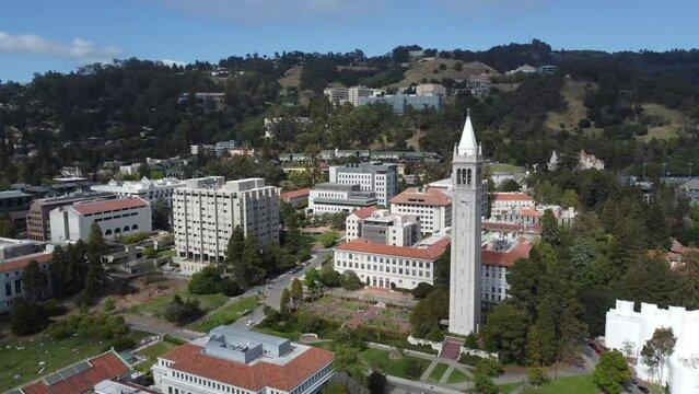 Aerial video of people having a picnic on the UC Berkeley campus. in the United States.