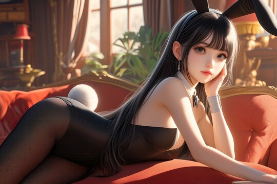 Sexy anime woman in a bunny costume with ears and tail lies on the sofa and looks straight
