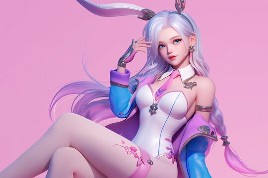 Anime fantasy character: a futuristic woman with bunny ears and white and purple hair sits in a provocative pose, crossing her legs and playfully looking straight ahead