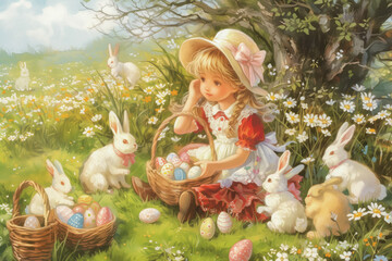 A cute girl in a vintage dress and hat sits in a clearing with blooming daisies with a basket of decorated Easter eggs, surrounded by white Easter bunnies. Easter story. Easter concept