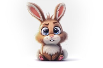 A cute rabbit with big eyes and ears sits in a funny pose. Isolated Easter character on a white background