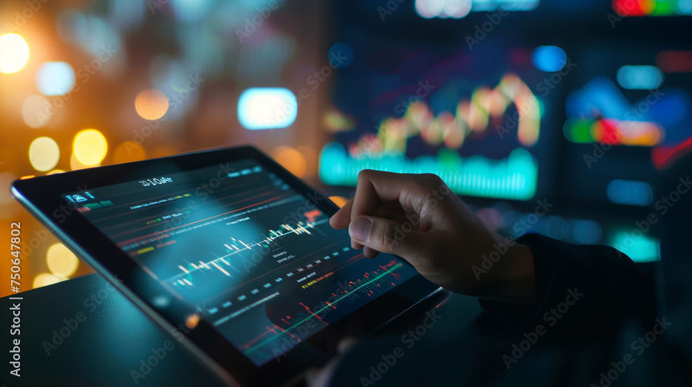 Poster businessman type on smart tablet with stock graph and chart of currency trading exchange business in