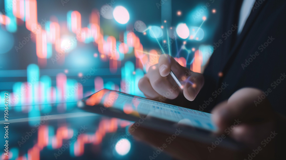 Poster businessman type on smart tablet with stock graph and chart of currency trading exchange business in