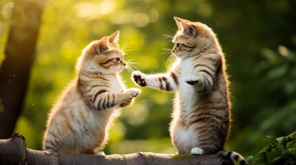 Cats fighting each other paw jump outdoor environment