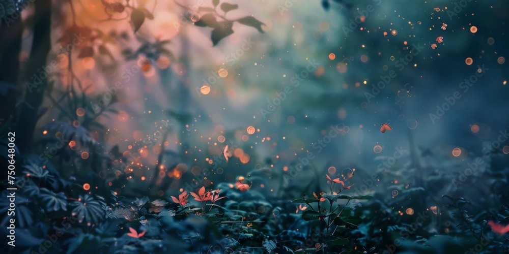 Poster magical forest environment at dusk with sparkling lights and soft mist creating a serene atmosphere 