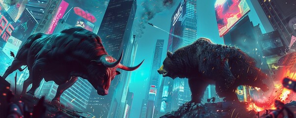 Digital art installation of a bull and bear in combat set against a backdrop of futuristic skyscrapers