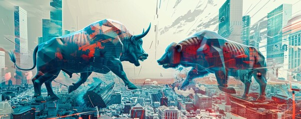 Digital art installation of a bull and bear in combat set against a backdrop of futuristic skyscrapers