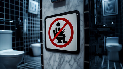 Sign on the wall of the toilet prohibiting the usage of smartphones while in use.