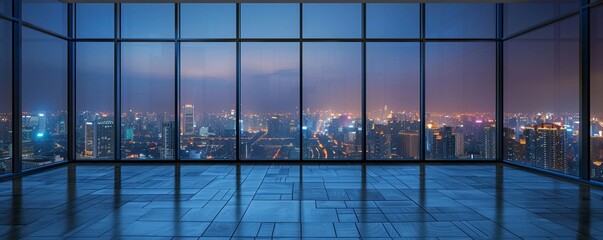 Empty urban room with expansive windows offering a serene view of the city at night - obrazy, fototapety, plakaty