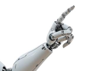 robot hand with index finger extended upward on a clean white background.