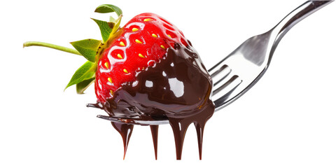 Close-up shot of a fork with a luscious chocolate-covered strawberry, combining the sweetness of chocolate with the juiciness of the fruit.