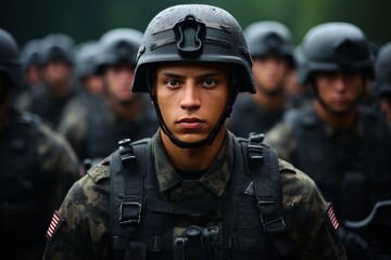 Portrait of a European army soldier in the ranks with selective focus, human enhanced