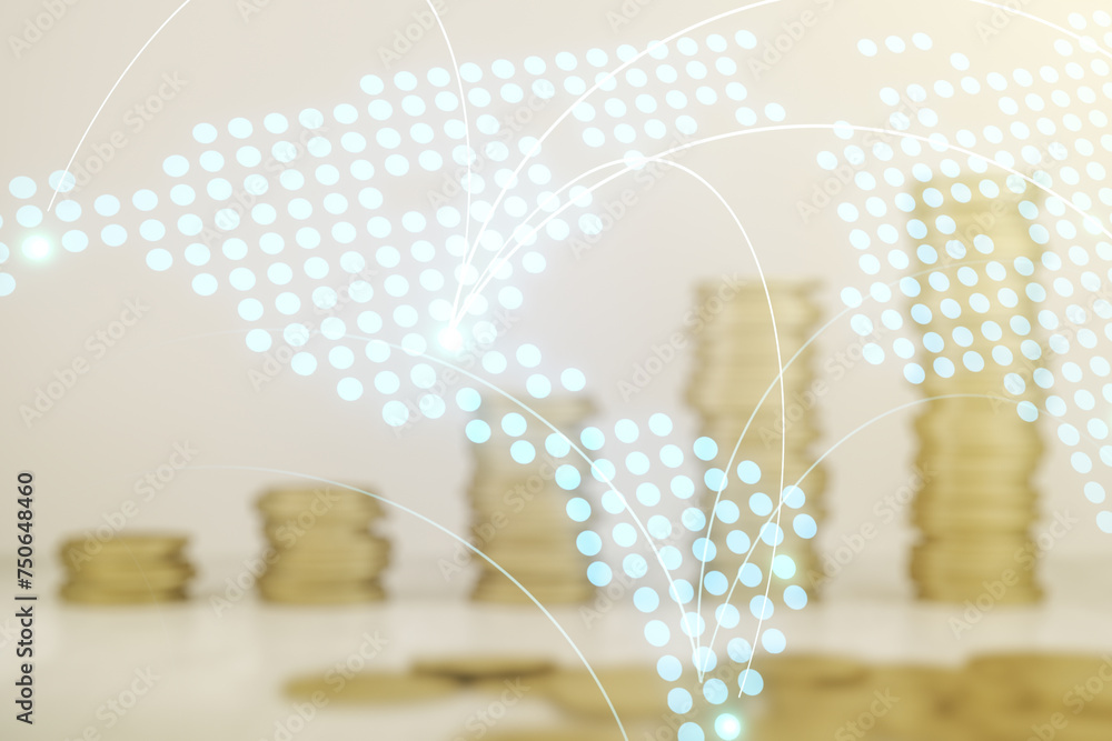 Aufkleber abstract virtual world map with connections on stacks of coins background, international trading con