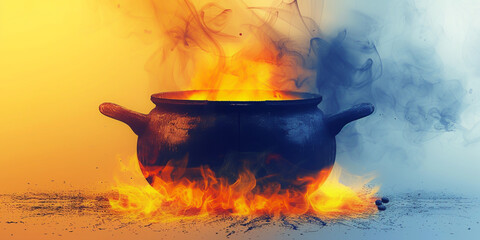 Close-up of fantasy witch magician sorcerer cauldron brewing cooking boiling with ocean water liquid smoke fog for potion - obrazy, fototapety, plakaty