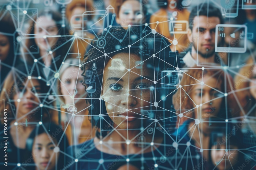 Aufkleber diverse group of people with digital overlays symbolizing data connection and technology advancement