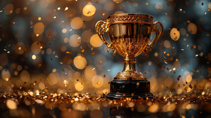 a close-up of a beautiful golden trophy, with a black bokeh background with golden glitter falling, awards show style
