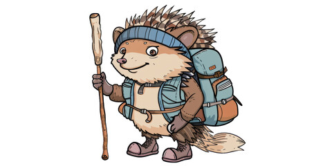 A hedgehog dressed in hiking gear, with a backpack and walking stick, ready for an outdoor adventure.