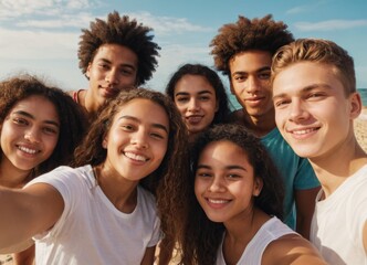 Group of happy multiethnic teenagers taking a selfie at sandy beach of sea