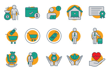 employee benefits icon set. contains icon retirement plan, flexible working, certificate, bonus, etc. flat line icon style. business element vector illustration