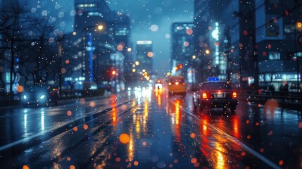 A city at night during the rain