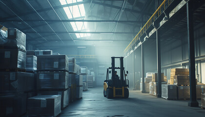 In a lively warehouse setting - a forklift in motion carries heavy crates - showcasing the dynamic nature of daily operations.