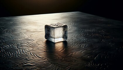 Ice cube on a textured surface with soft sunset lights
