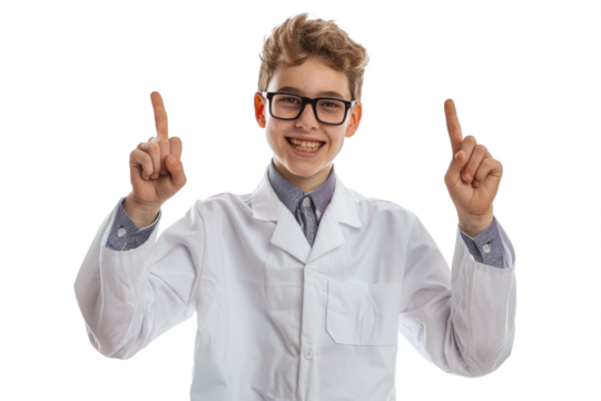 enthusiastic gesture of a child scientist on a white background.