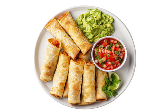 a plate of traditional Mexican flautas with salsa and guacamole neatly laid out on a white surface