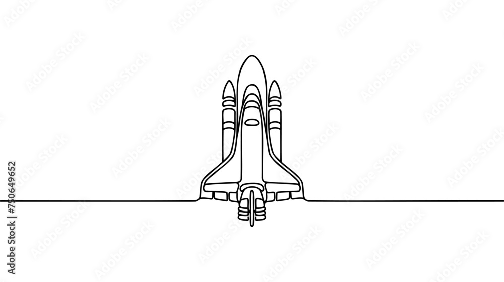Poster one continuous line drawing of simple retro spacecraft flying up to the outer space nebula.