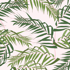 Obraz premium Seamless pattern with tropical leaves. Dark and bright green palm leaves on the light pink background. Vector seamless pattern. Tropical illustration. Jungle foliage. Vintage colors.