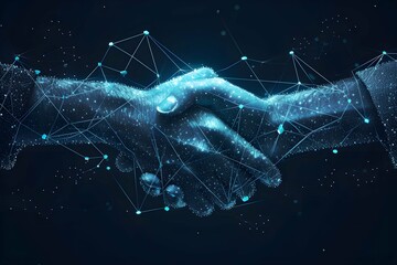Abstract low poly agreement handshake. isolated on blue dark background. business partner connection concept. vector illustration futuristic modern design