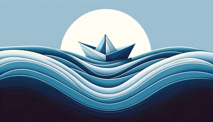 Paper boat in ocean waves in blue hues