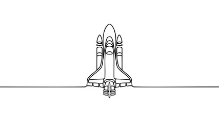 One continuous line drawing of simple retro spacecraft flying up to the outer space nebula.