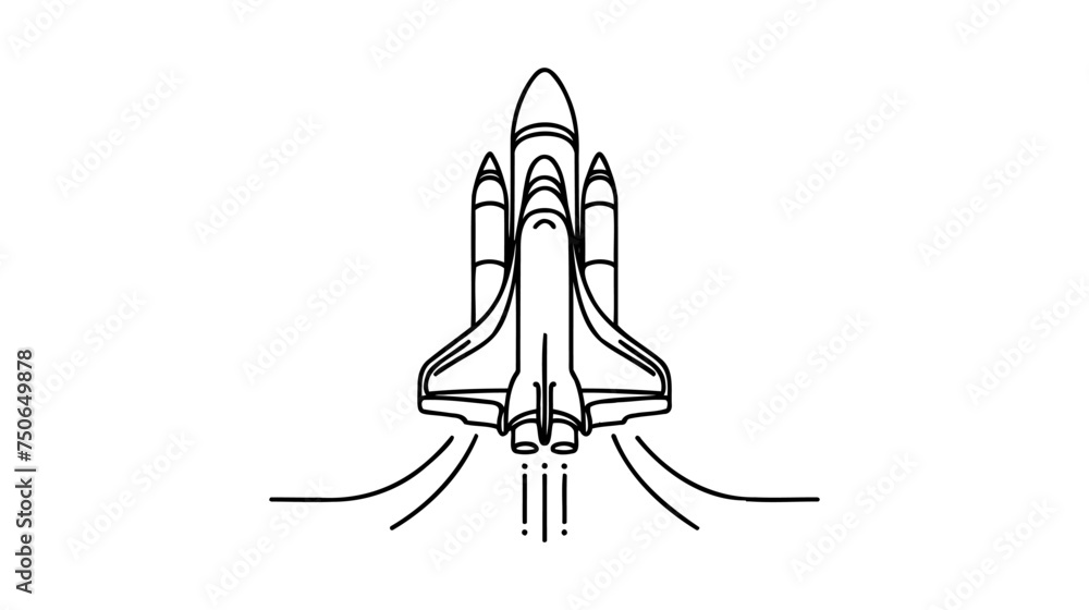 Poster one continuous line drawing of simple retro spacecraft flying up to the outer space nebula.