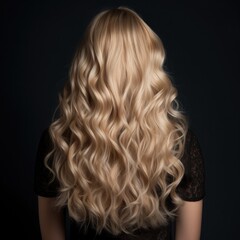 Backward front view of a beautiful long curly wavy haired blonde.