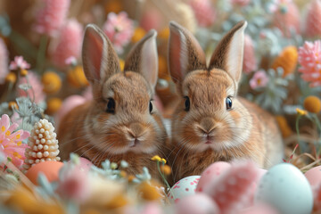 Fototapeta na wymiar two rabbits in a basket of flowers