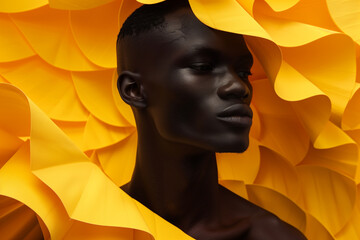 a man with black skin and yellow ruffles around his neck - obrazy, fototapety, plakaty